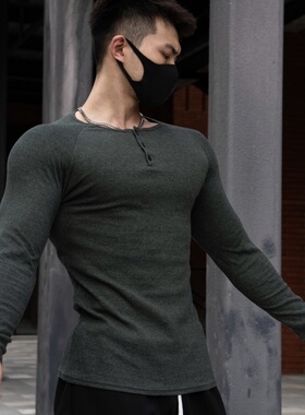 重磅粗螺纹亨利衫长袖健身t恤秋冬季运动肌肉美式男硬汉修身显大