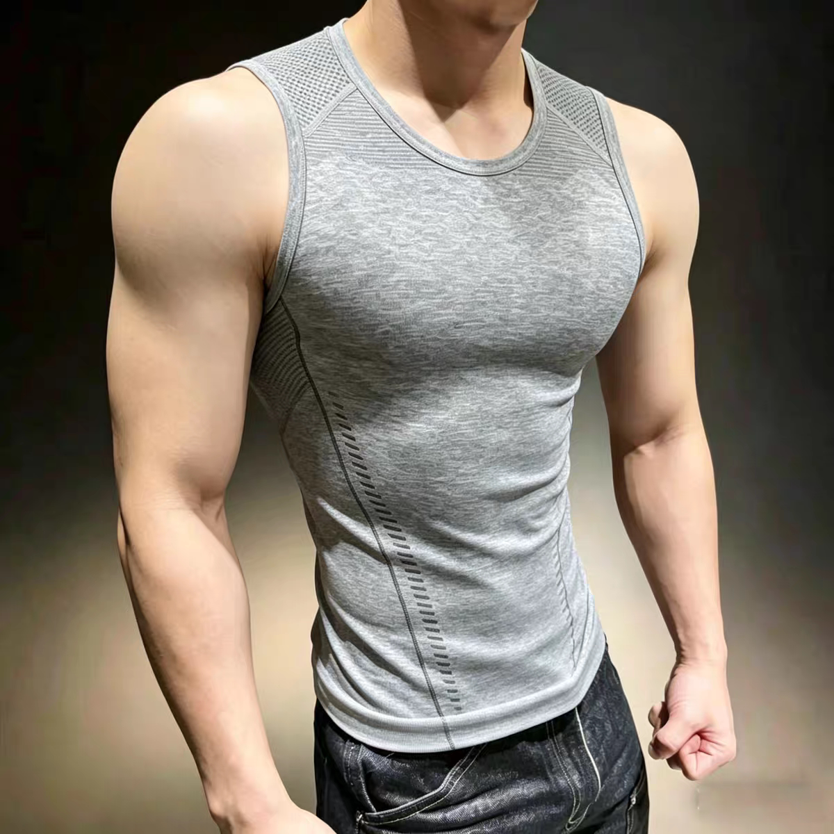 无缝提花运动训练速干无袖男士健身工字背心修身弹力速干运动T恤