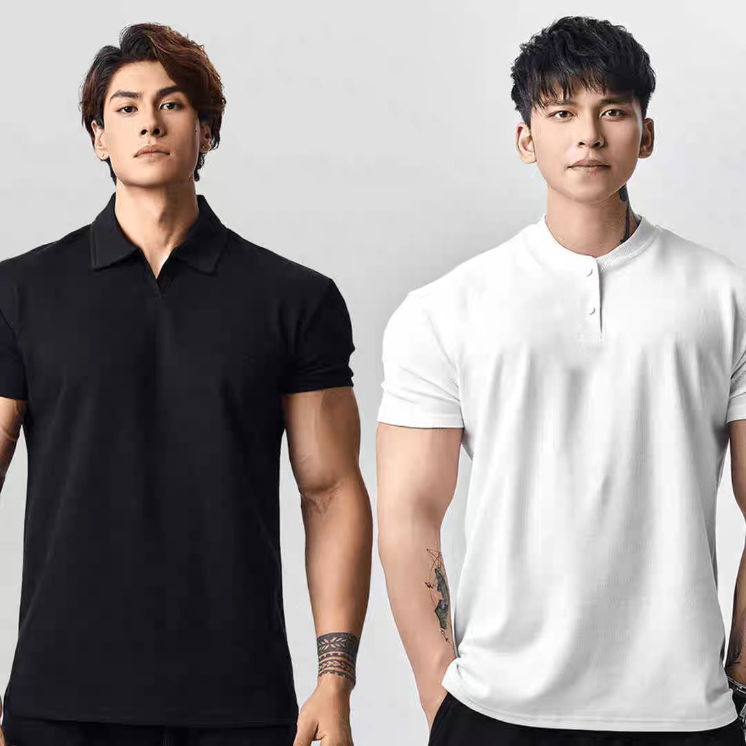 夏季华夫格短袖新中式亨利领POLO衫大翻领收袖口运动健身男士T恤