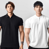 华夫格短袖 口运动健身男士 新中式 大翻领收袖 T恤 亨利领POLO衫 夏季