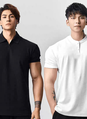 夏季华夫格短袖新中式亨利领POLO衫大翻领收袖口运动健身男士T恤