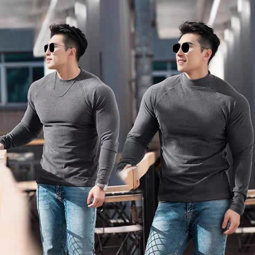 冬季新款阳离子德绒保暖修身半高领圆领运动健身高弹打底长T恤潮