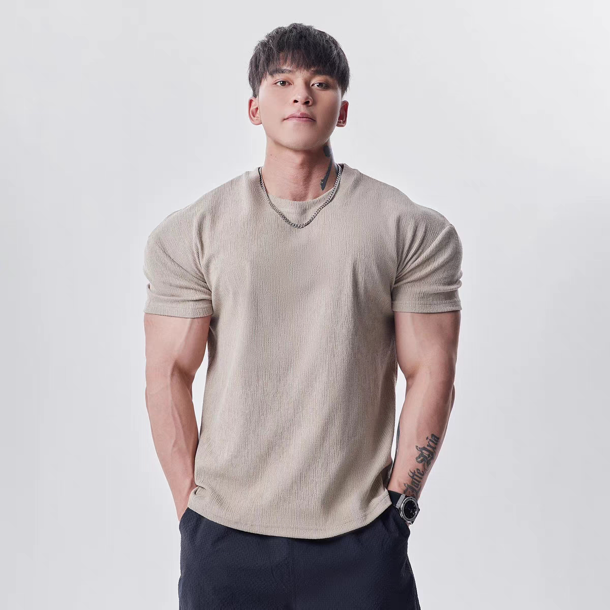 GD高定肌理收袖口显大短袖T恤男夏季运动休闲健身训练纯色上衣服