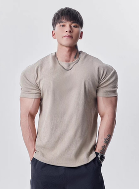 GD高定肌理收袖口显大短袖T恤男夏季运动休闲健身训练纯色上衣服