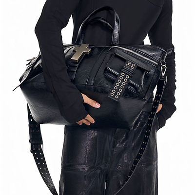 2026潮牌男女通用W“”十字架爆裂皮手提包单肩包托特包斜挎包