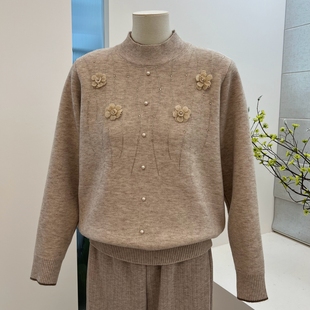冬季半高领妈妈装加绒加厚宽松针织衫毛衣中老年镶钻保暖套头上衣