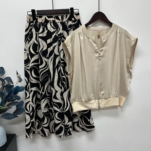 母亲节中年妈妈装半身裙子套装新品套头T恤滑肩袖女士两件套女装