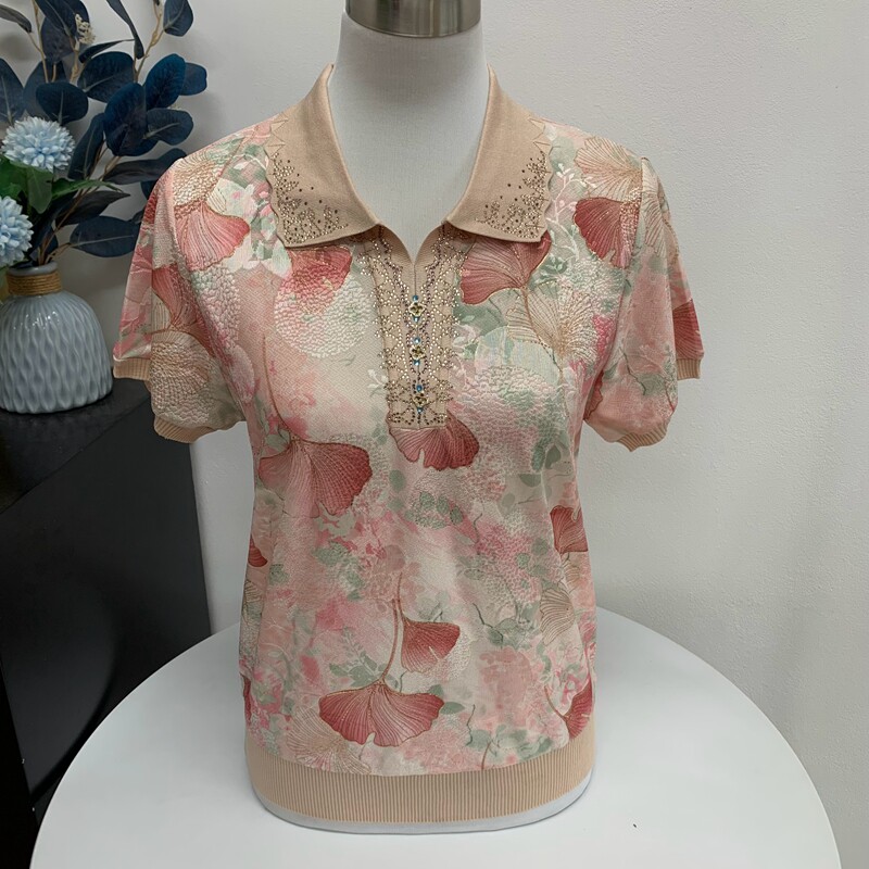 夏季薄翻领中老年妈妈女装T恤短袖宽松套头镶钻花色短款奶奶上衣