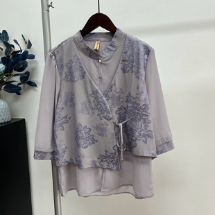 母亲节夏季国风妈妈装假两件七分袖衬衫中老年奶奶老太太T恤上衣