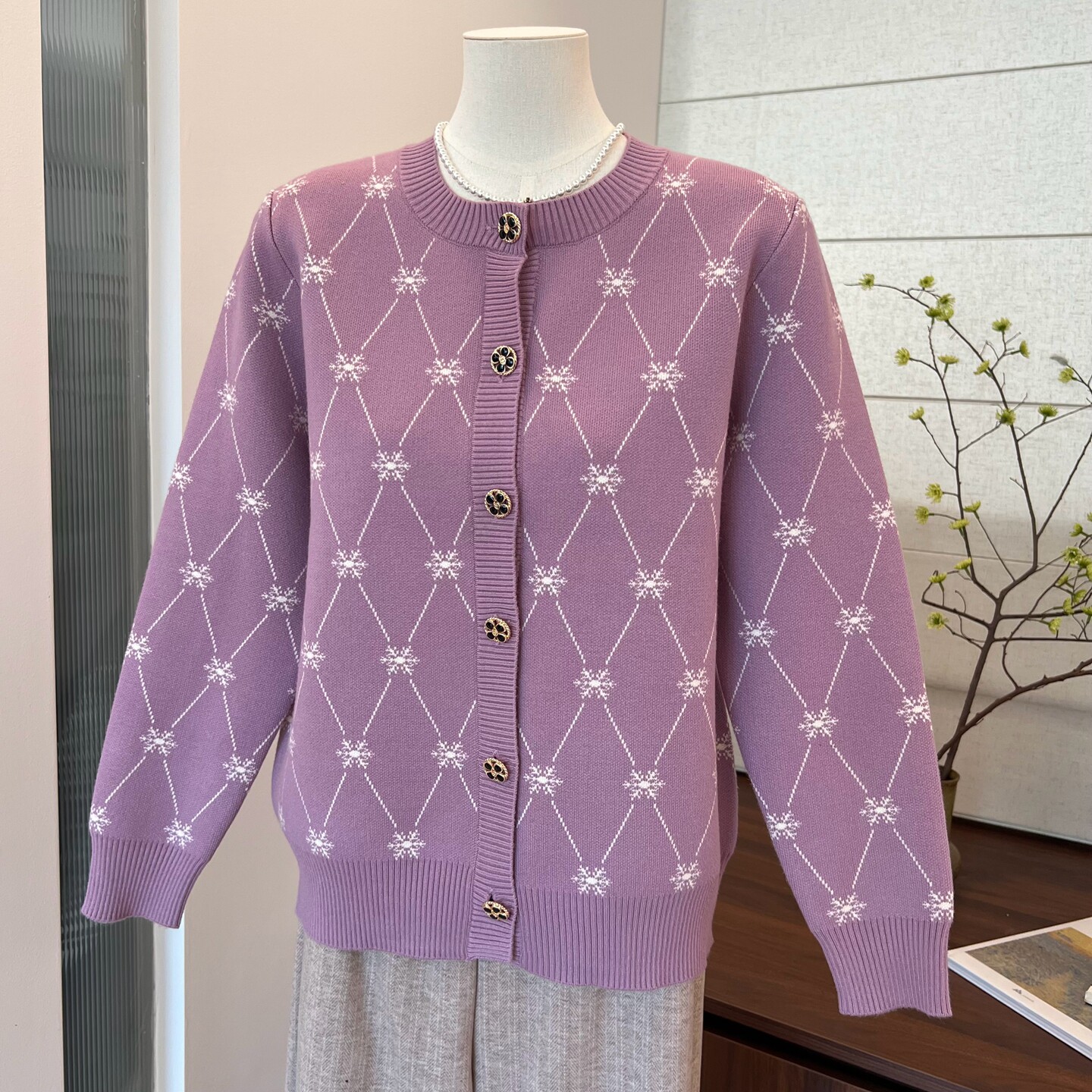 秋季妈妈装圆领长袖针织开衫上衣