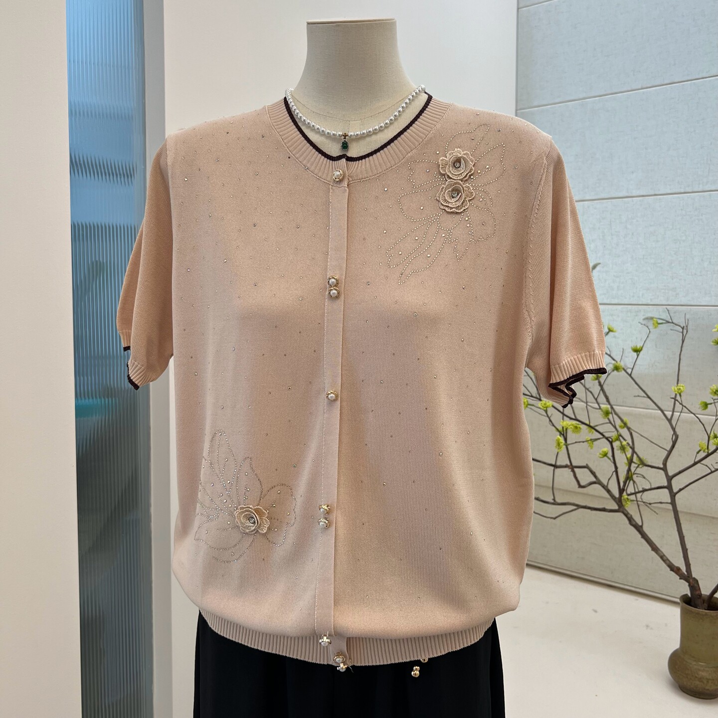 夏季时尚薄款针织衫妈妈装t恤短袖宽松弹力圆领套头中老年上衣女