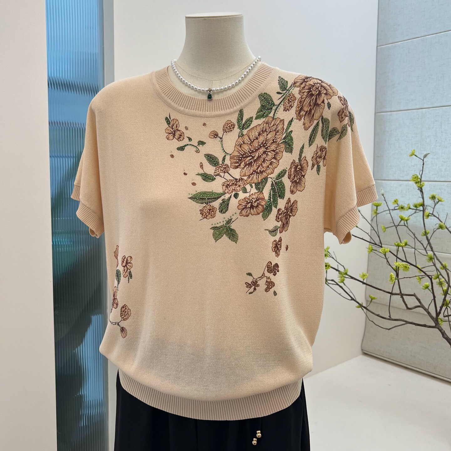 妈妈装薄款冰丝t恤短袖针织衫套头女中老年花卉圆领休闲宽松上衣
