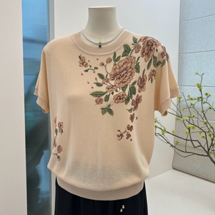 妈妈装薄款冰丝t恤短袖针织衫套头女中老年花卉圆领休闲宽松上衣