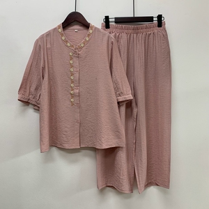 简约夏季套装薄款棉麻妈妈装衬衫上衣长裤中老年奶奶老人两件套女