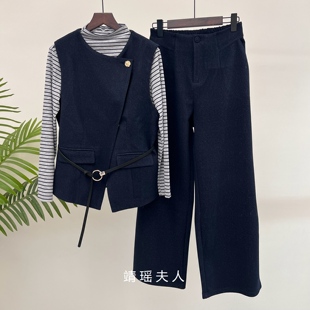 春季新款妈妈装三件套长袖打底衫无袖收腰马甲阔腿长裤中老年套装