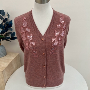 纯色毛线衣女装 100纯羊毛妈妈装 针织衫 中老年宽松大码 春秋V领开衫