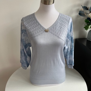 秋季 纯色宽松套头针织衫 新中式 薄V领妈妈装 上衣 中老年纱袖 五分袖