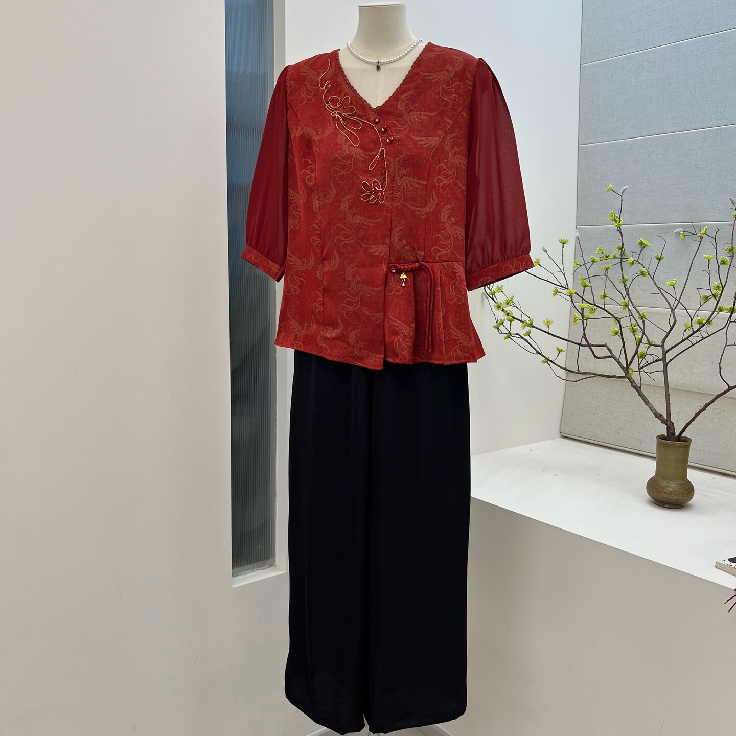 夏季妈妈装七分袖雪纺薄款套装中老年女婚宴短款上衣长裤两件套