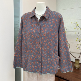 春秋新品中老年妈妈装衬衫上衣碎花翻领长袖奶奶老人开衫秋季女装
