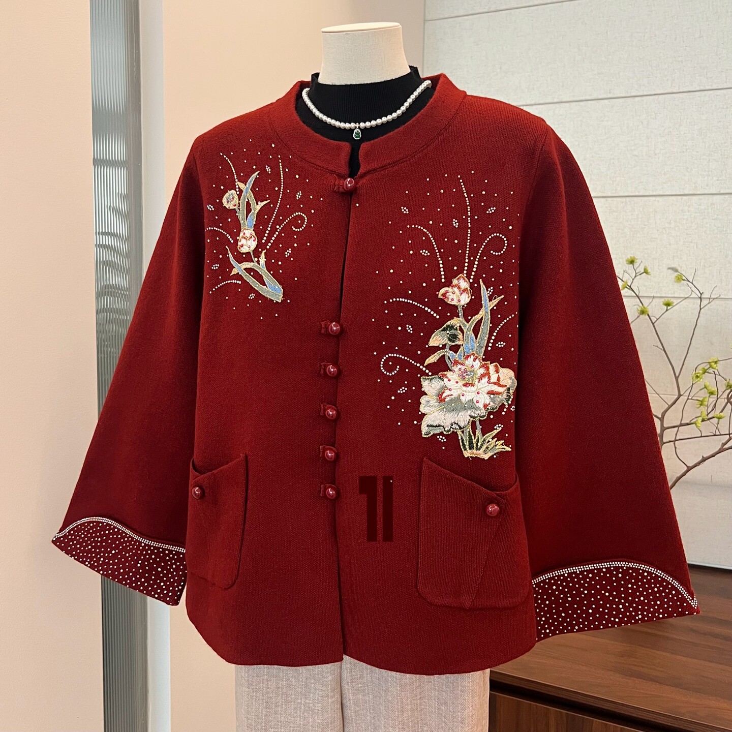 兰花刺绣红外套婆婆婚宴针织开衫
