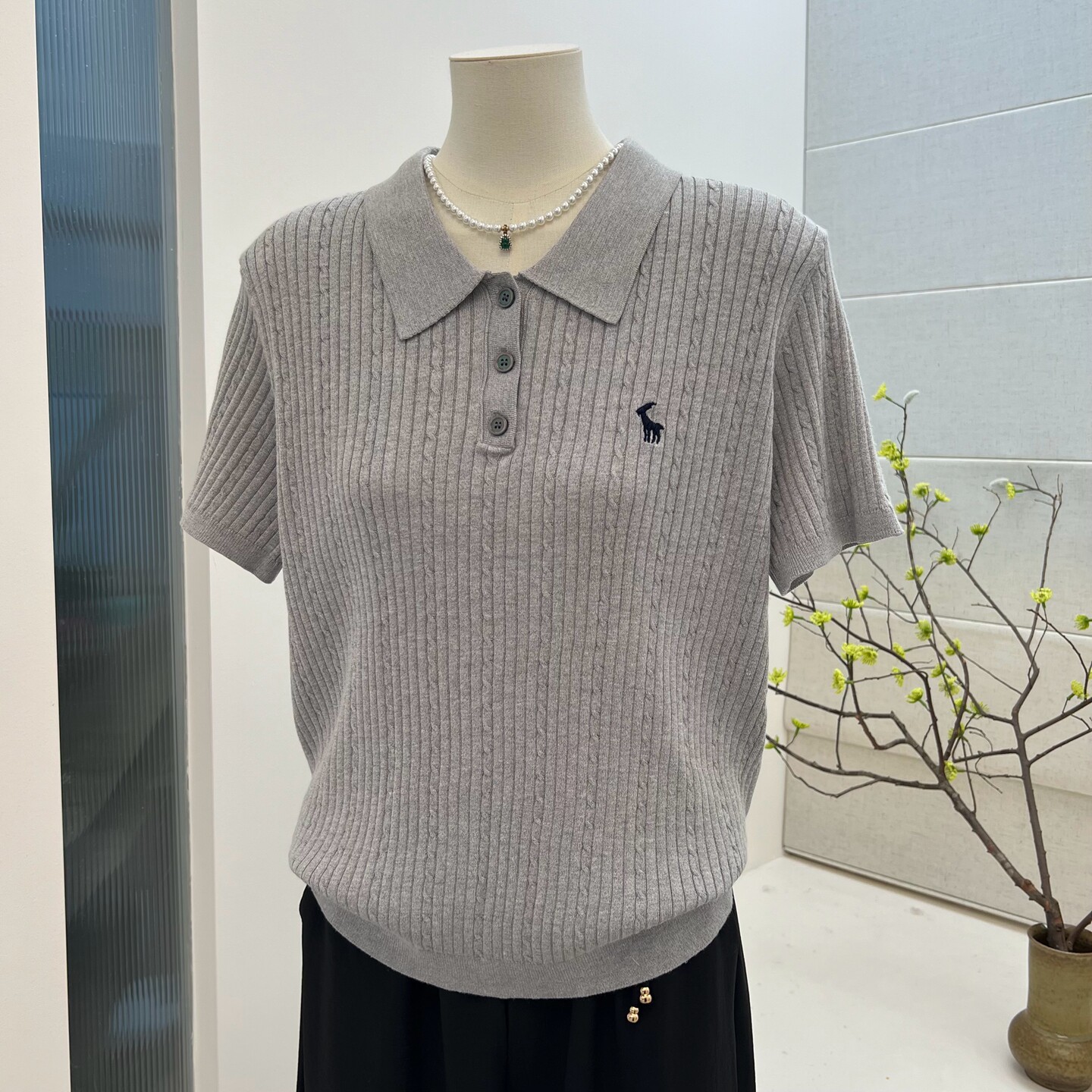 妈妈装针织衫翻领套头夏季薄t恤