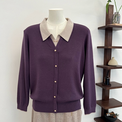 秋冬女细针织妈妈装套头紫色毛衣