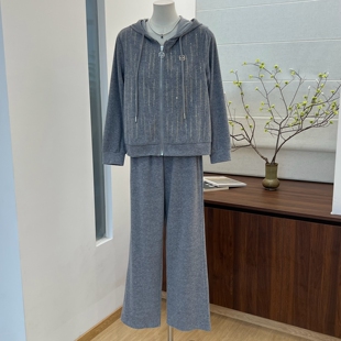妈妈秋装连帽运动套装女烫钻拉链开衫外套宽松阔腿裤中老年两件套