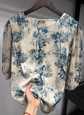 夏季薄款舒适奶奶装仿真丝T恤