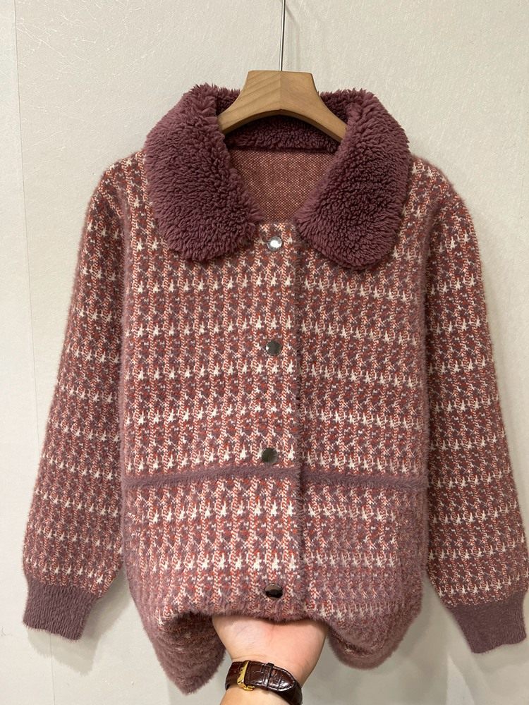 精品大码仿貂绒妈妈冬季宽松针织开衫中老年女装毛衣加厚外套上衣