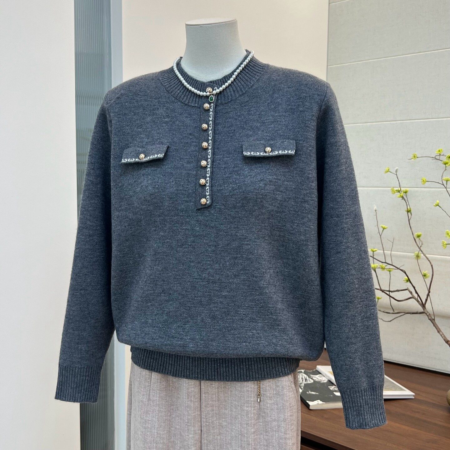 妈妈装加绒毛衣女秋冬小香风圆领