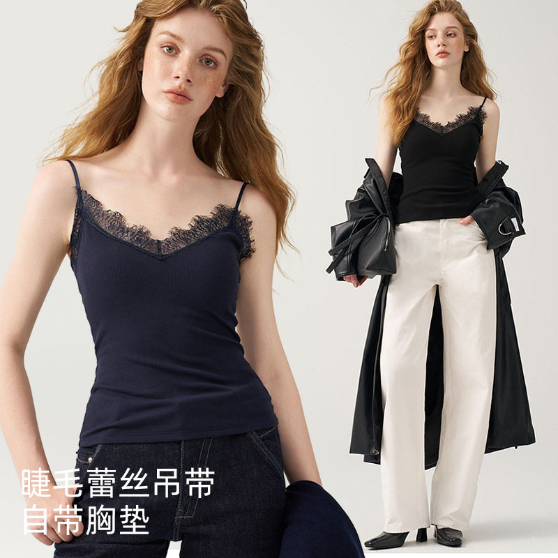 【羊毛磨绒蕾丝睫毛边带杯吊带】时髦修身显瘦内搭外穿打底背心