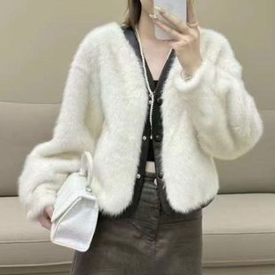 皮毛一体仿水貂皮草短款大衣外套女厚款秋冬保暖貂绒高腰休闲上衣