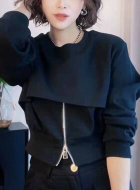 黑色圆领短款卫衣女春秋2025新款高级感宽松下摆拉链设计感上衣潮