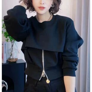 黑色圆领短款卫衣女春秋2025新款高级感宽松下摆拉链设计感上衣潮