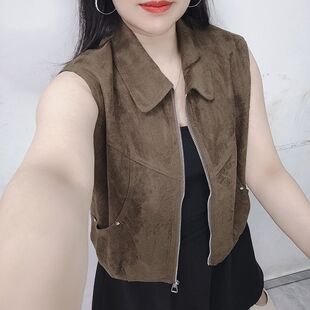 复古风拉链麂皮绒马甲女秋季新款无袖显瘦百搭洋气时尚马夹外搭潮