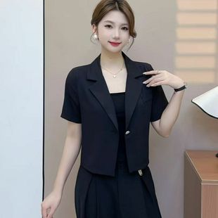 韩版 女夏季 2025新款 西服 宽松休闲上衣职业短款 西装 小个子短袖 套装