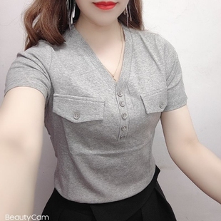 修身短袖t桖女2023夏季新款欧洲站时尚 v领小衫上衣百搭弹力体恤t