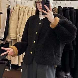 撞色减龄短款羊羔毛外套女秋冬新款韩系宽松加厚百搭皮毛一体棉衣