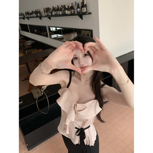 手风琴Wcouture新品 优雅气质的vintage 撞色打褶系带吊带背心