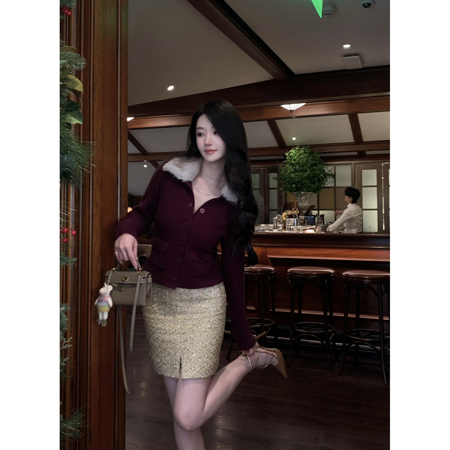 乌梅子酱Wcouture纸醉金迷的圣诞氛围 毛领针织夹克型开衫外套