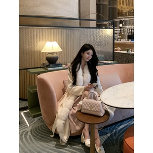 富贵花Wcouture原创 仿真狐狸毛皮草领百分百纯羊毛 呢大衣外套