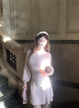 少女心Wcouture原创 多种穿法 露肩浣熊绒加厚羊毛针织连衣裙