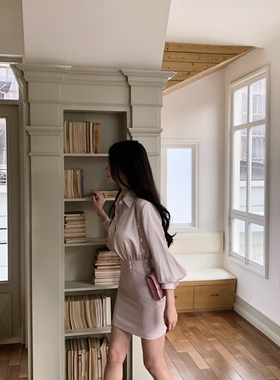 金秘书Wcouture原创 藕灰色缎面拼接哑光 韩女风衬衫收腰连衣短裙