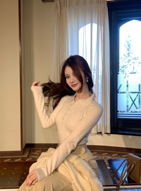 桂花糖Wcouture原创 百搭有氛围感的polo领 浣熊绒羊毛针织毛衣