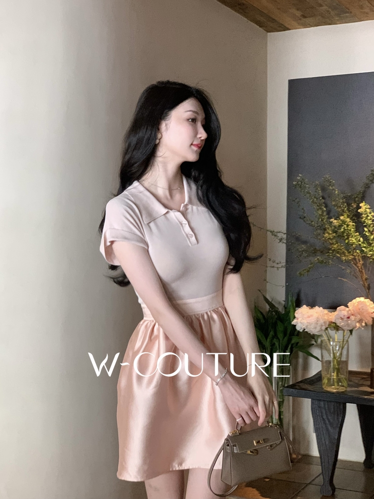 小公主Wcouture原创 Dor奢感 衬衫领针织拼接丝毛花苞裙连衣短裙