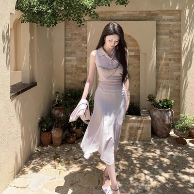 紫水晶Wcouture仙女风 千瓣莲即视感 高腰收腰半透明双层半身长裙