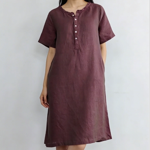 夏季火龙果汉麻中长款连衣裙彩色绗线宽松百搭花边领文艺S7065-1