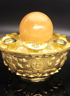 纯铜聚宝盆天然水晶球碎石金元宝摆件家用化解厨房西北角火烧天门
