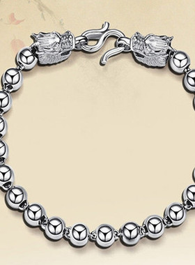 990纯银男士双龙头佛珠手链韩版