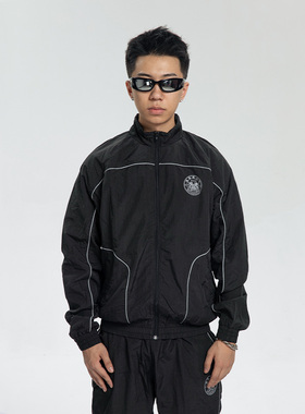 RTVG[RETROVEGAS]国潮牌街头男女反光印花修身休闲运动套装外套黑